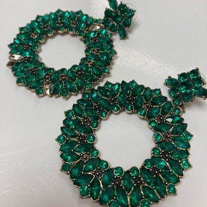 Emerald Green and Gold Bejeweled Flat Hoop Earrings